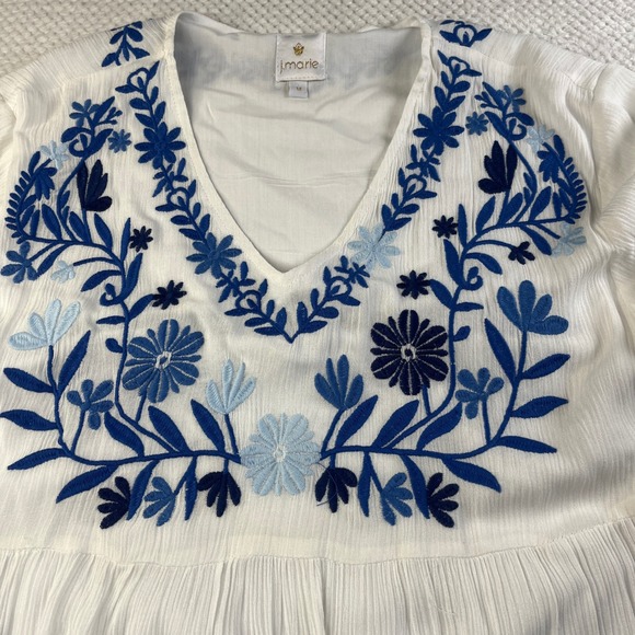 J. Marie White Blue Floral Embroidered Tiered Mini Dress Womens Medium  Pockets - Picture 9 of 11